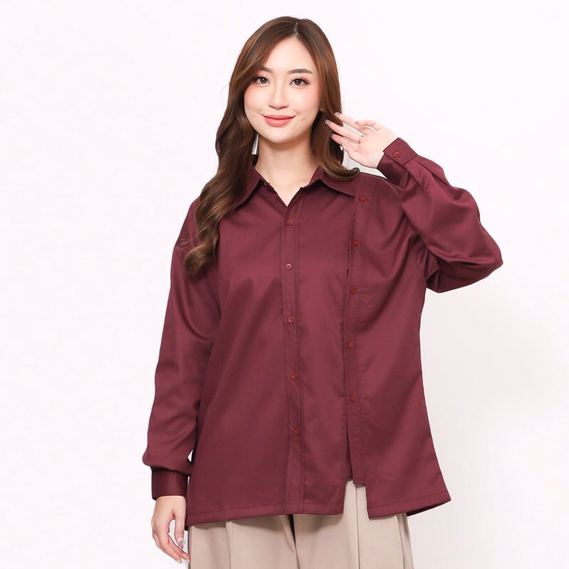TALLU - Amarilis Button Shirt Maroon - Kemeja Kancing Wanita Merah Maroon