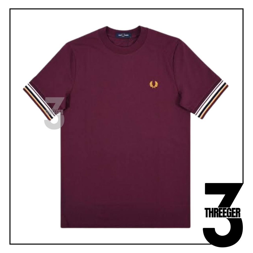 Fred Perry Striped Cuff Sleeve Tee Maroon Original / Kaos Fred Perry Original