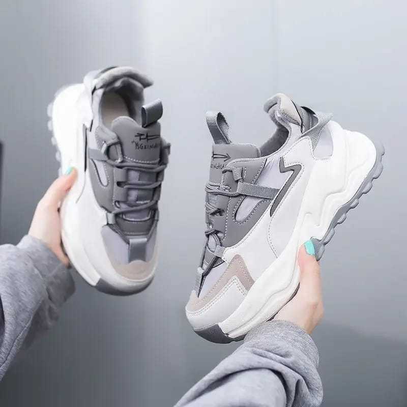 Sepatu Sneakers Wanita Korea Hak Tinggi Sport Shoes Grey Kream 37-40