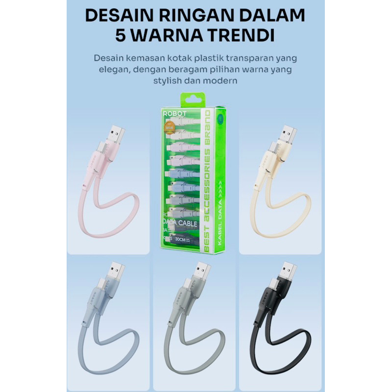 [1Box 10Pcs] Kabel Data ORIGINAL ROBOT RC30 3A USB to Type-C 30CM Fast Charging Cable Pendek Power B