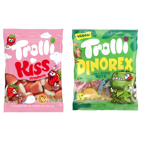 

Trolli Jelly Gluten Free Kiss Strawberry/Dinorex with a Sour Bite Korea 100 gr