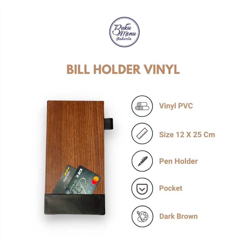 

KODE A6S Bill holder kayu vinyl PVC Coklat muda Coklat tua Hitam Ready Stock Restoran Hotel Cafe