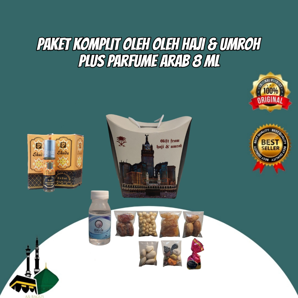 

Paket oleh oleh haji & umroh komplit 50 pcs plus parfume arab 8 ml