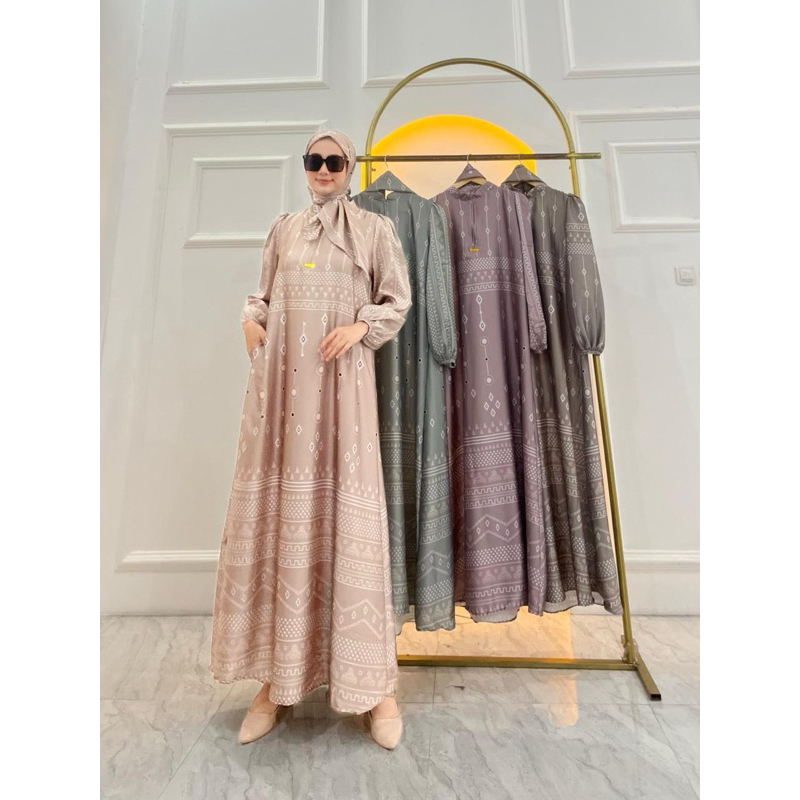 Gamis Armany brown digital motif TOTOL MAYUNG set hijab