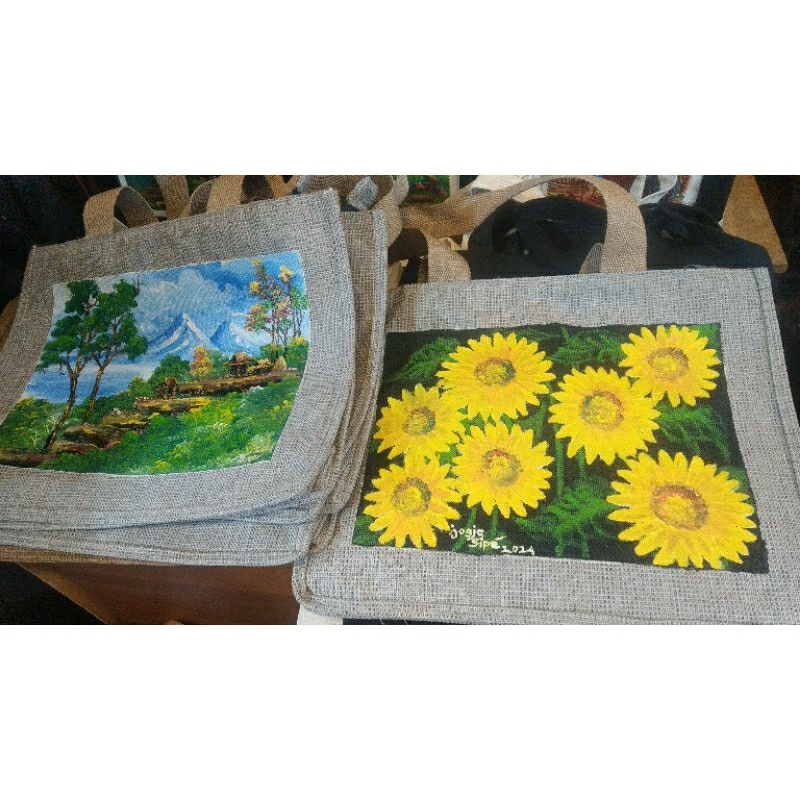 Tas Totebag Bahan Goni, Tas kanvas lukisan ASLI - HANDMADE, Tas wanita, tas kuliah, tas kantoran, ta