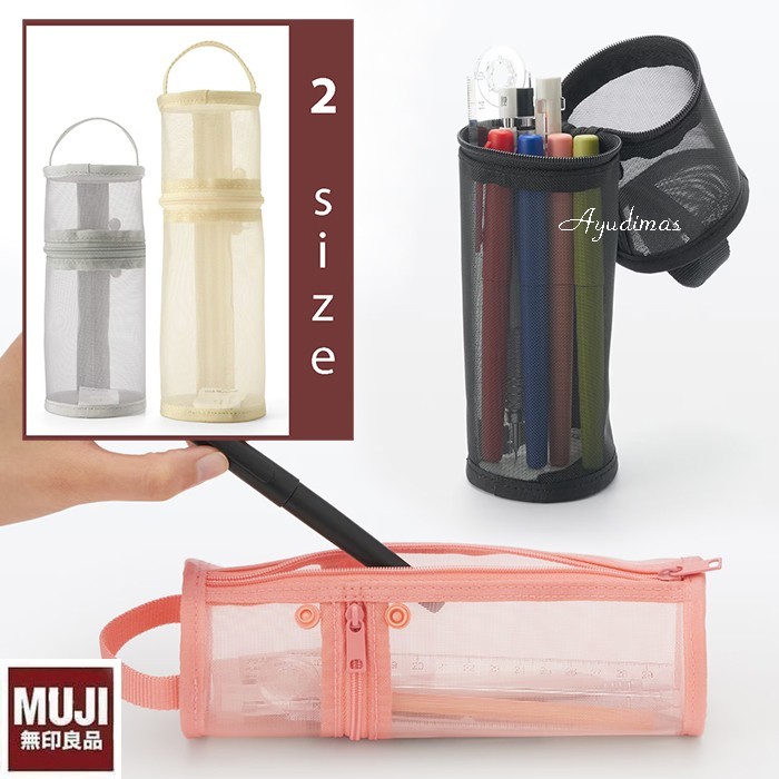 

Muji Nylon Round mesh pen case that can be used vertically or horizontally - tempat / kotak pensil 2 bukaa