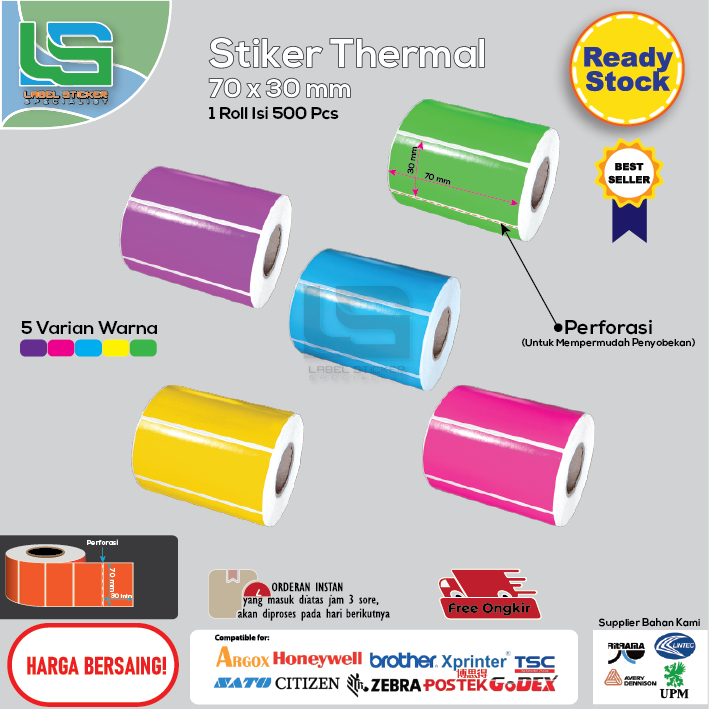 

LABEL STIKER THERMAL 70X30 MM LABEL BARCODE THERMAL 70X30 MM WARNA ISI 500 PCS