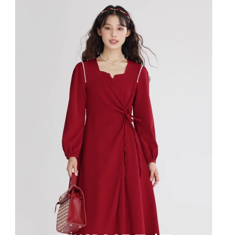 Dress Maxi Import China bahan Premium Gaun CNY Chinese lengan panjang desain pinggang dapat disesuai