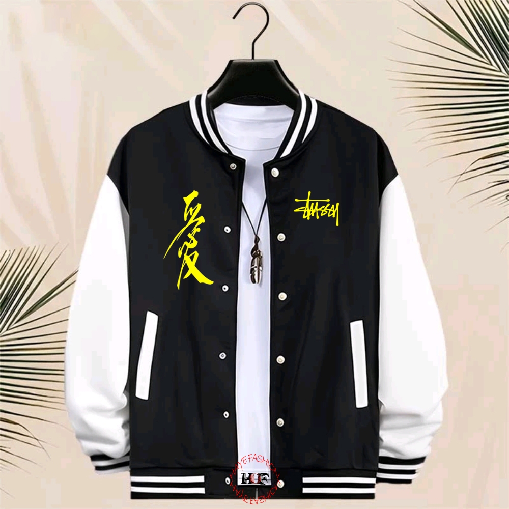 Haye Fashion - Unisex Jacket Baseball Kancing Stussy Text Jepang Kuning Jacket Resleting Varsity
