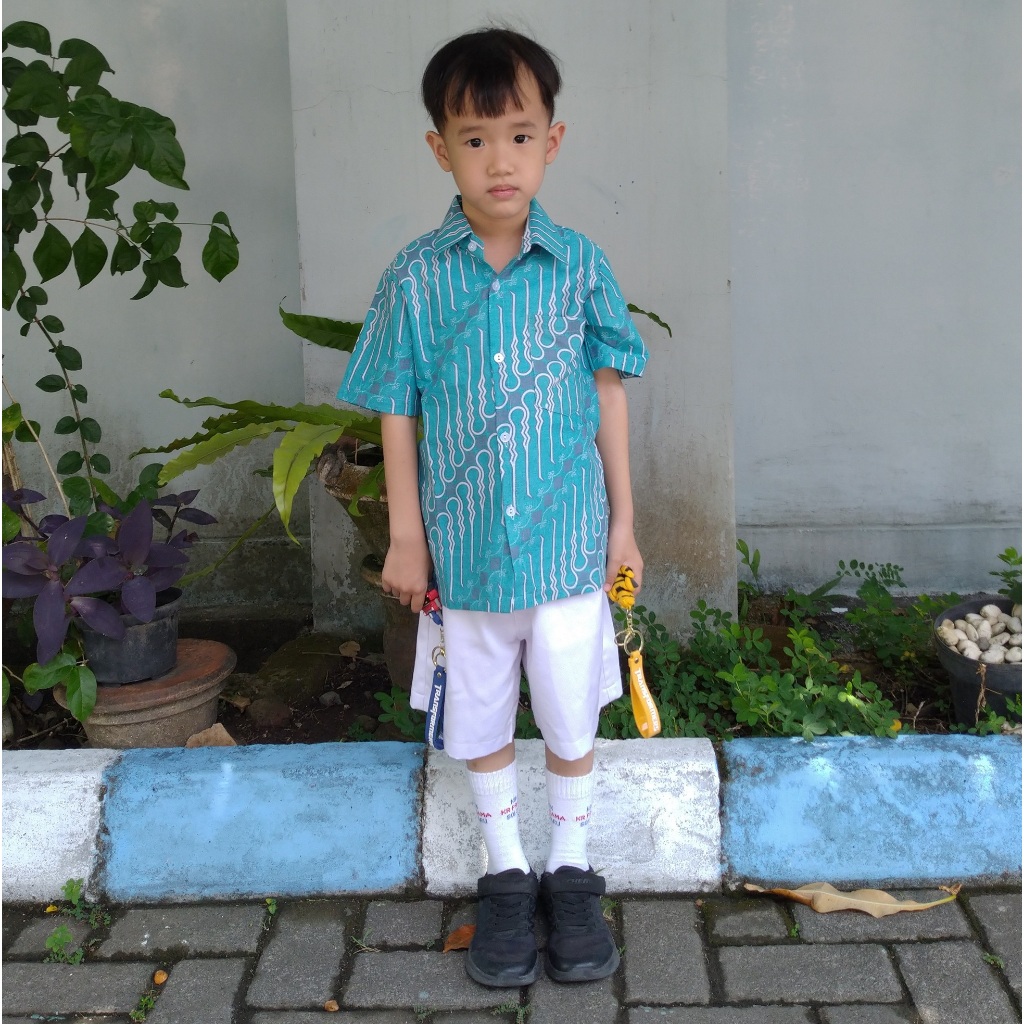 Kemeja Batik Anak Laki Perempuan Seragam Sekolah TK SD 3247 2 - 12 Tahun Lereng Hijau Tosca