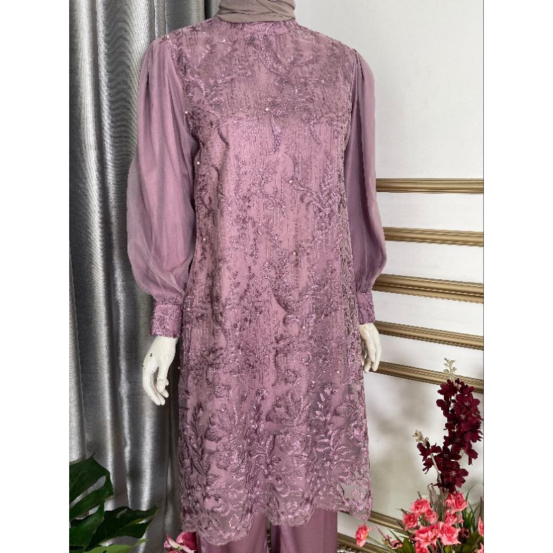 Setelan Kebaya Celana Wanita Kondangan Tile Bordir mix Silk Armany