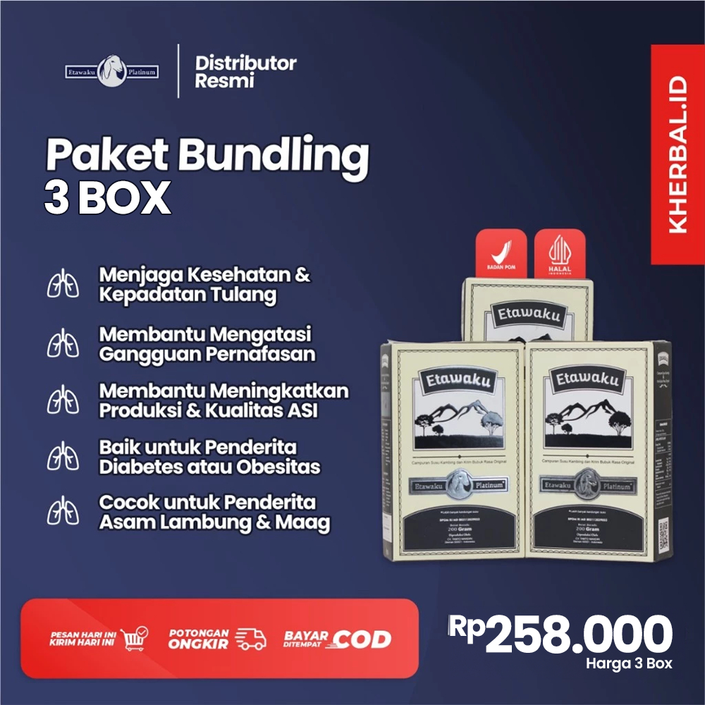 

Paket 3 Box Etawaku Platinum - Solusi Tepat Hidup Sehat Tampa Obat, Atasi Permasalahan Penapasan, Meningkatkan Daya Tahan Tubuh, Mengobati Masalah Persendian, Susu Pernapasan, Susu Asma, Susu Pernapasan, Susu Sendi, Susu Tulang, Susu Diabetes
