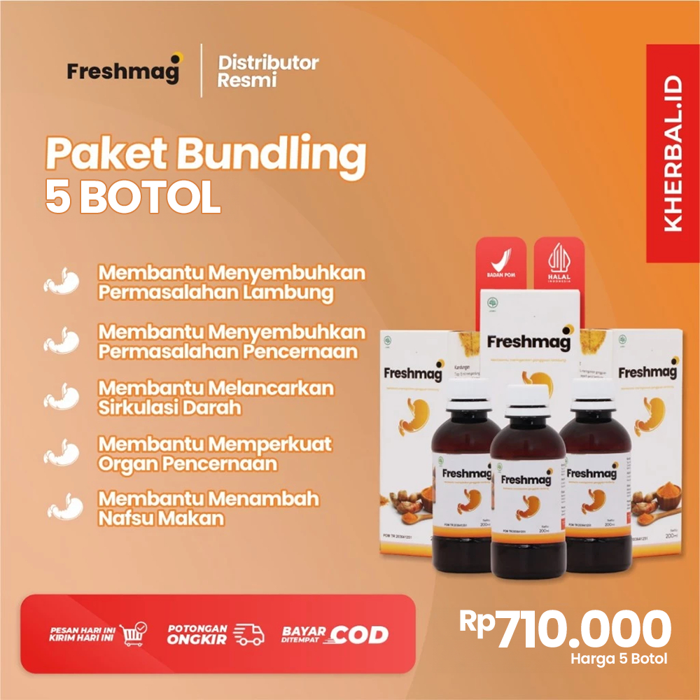 

Paket 5 Box Freshmag Original - 2x Mengatasi Permasalahan Lambung Dengan Madu. Atasi Infeksi Lambung, Tingkatkan Imunitas Tubuh Menambah Nafsu Makan dan Mengeluarkan Racun di Perut.