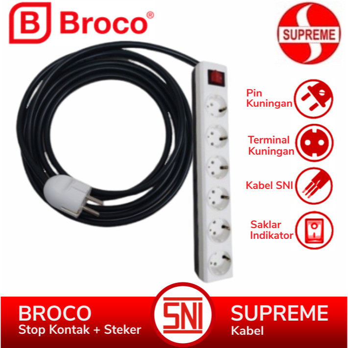 BROCO Stop Kontak 3 - 4 - 5 - 6 Lubang Extension Kabel Hitam SUPREME 1 - 10 Meter Saklar Lampu Indik