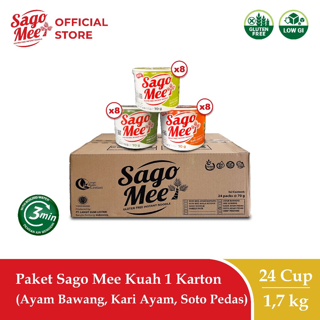 

Sago Mee Paket Mix Gluten Free Mie Instan Cup Kuah (1 Karton Isi 24 Mix Kuah)
