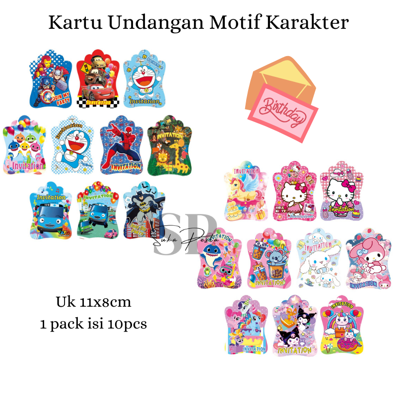 Undangan Ultah Anak Motif Karakter / Kartu Undangan Ulang Tahun Anak Laki Laki / Perempuan 10 pcs