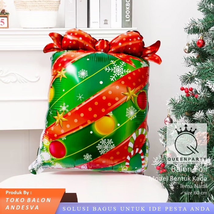 Balon foil kado natal / balon gift natal / balon pesta tema natal hampers merry christmas kado