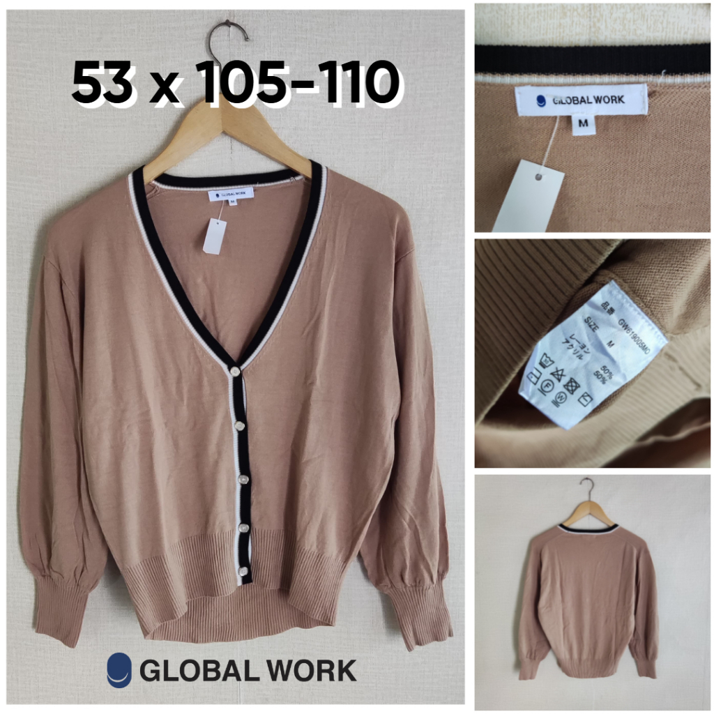 Cardigan Global Work Coklat Lis Hitam V Neck Size M Wanita Atasan Cewek Outer Knit Sweater Cardi GF0