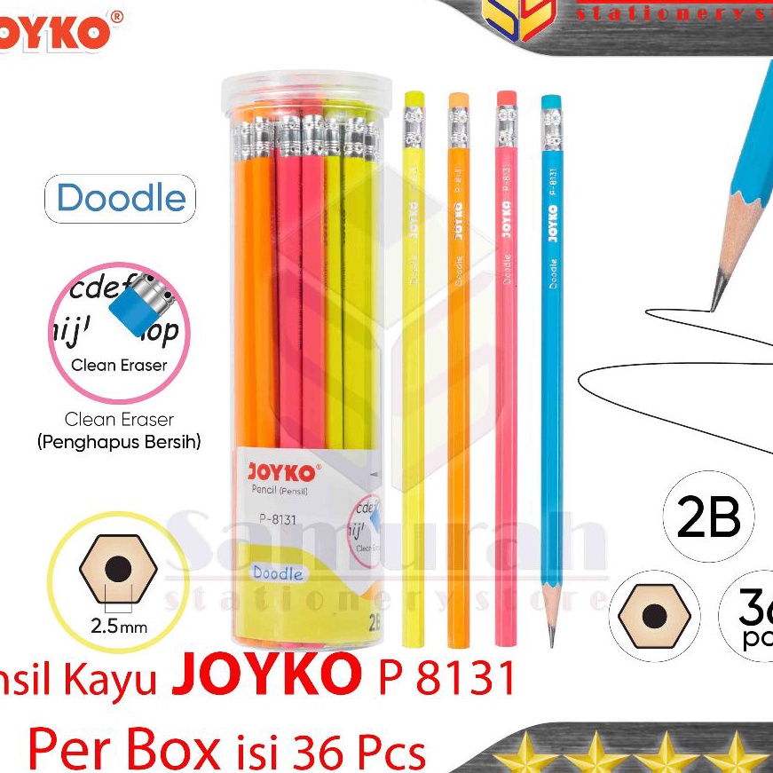 

Top Pensil Kayu Joyko 2B P8131 isi 36 pcs per Box Trifelo TF 789 2B Box isi 36 batang Wood Pencil Metalik Toples