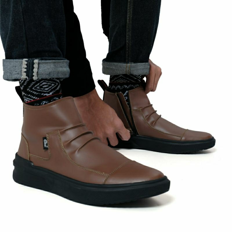 GUzze HIGH EXODOS57- GUZZE FOOTWEAR | SEPATU SNEAKERS PRIA KULIT ASLI - cokelat, 39 semi boots boot