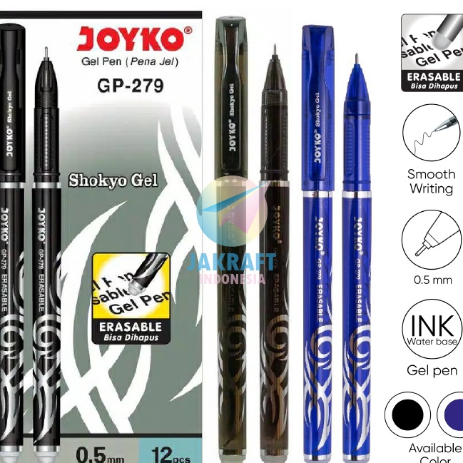 

KP8 12 Pcs Pulpen Erasable Gel Pen Ujung Tajam JOYKO GP279 SHOKYO Hitam Black Biru Blue Tebal 5 mm Needle Tip Bolpen Bisa Dihapus PACK