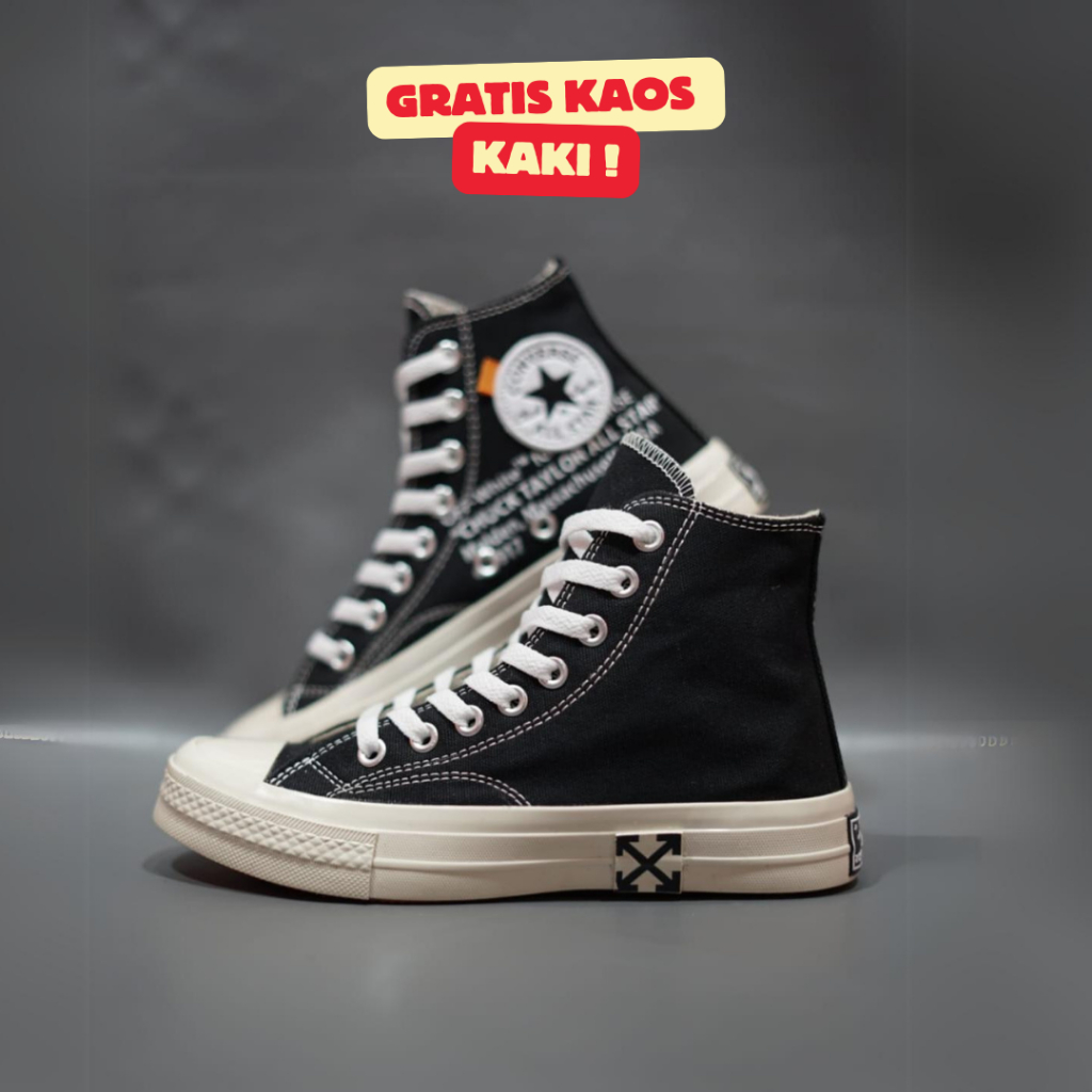 SEPATU CONVERSE 70S HIGH X OFWHITE FULL BLACK SOL OREN GLOSSY GRADE ORIGINAL 37-43