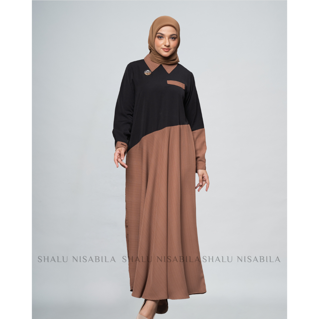 Shalu Nisabila - Tanzeela Dress Gamis Syari Abaya Baju Muslim Wanita Syar'i Bahan Jetblack Mix Katun