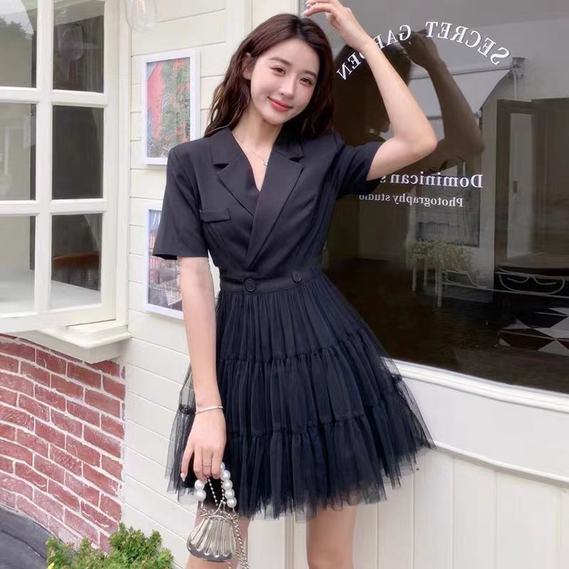 FAN Gaun Setelan Hitam Jaring Sambung Korea Gaun Pesta Elegan gaun hitam