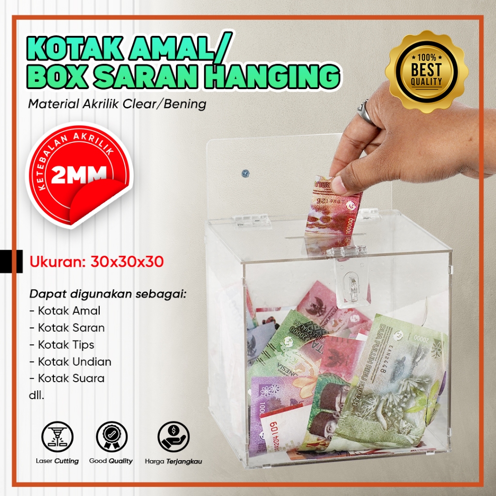 Kotak Amal Akrilik / Kotak Saran Acrylic Model Hanging 30x30x30 cm