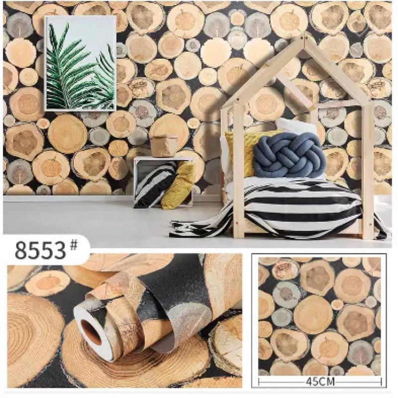 WALLPAPER STICKER WALLSTICKER DINDING ROLL MOTIF BATA BATIK KAYU WALLPAPER