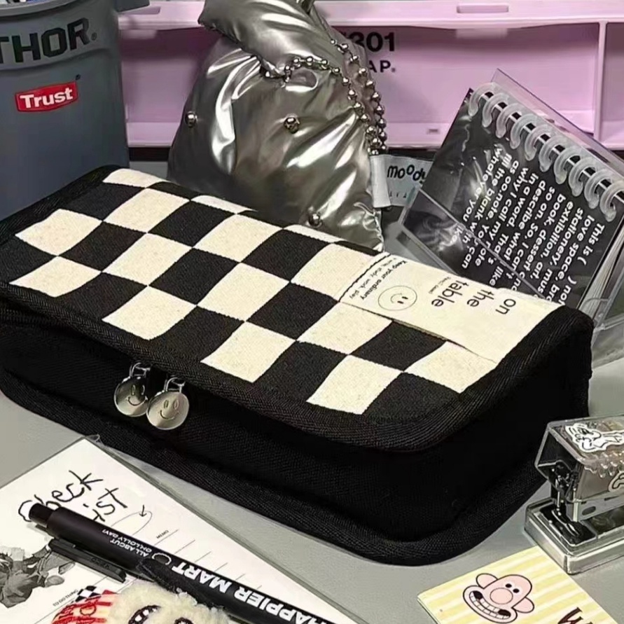 

HJ6 Kotak pensil kotakkotak hitam putih berkapasitas Kotak pensil Large Capacity Pencil Case Tempat alat tulis Jepang berkapasitas