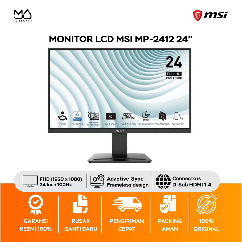 Monitor MSI Pro MP2412 Monitor 24 Inch [1080p, 100Hz] - Garansi Resmi