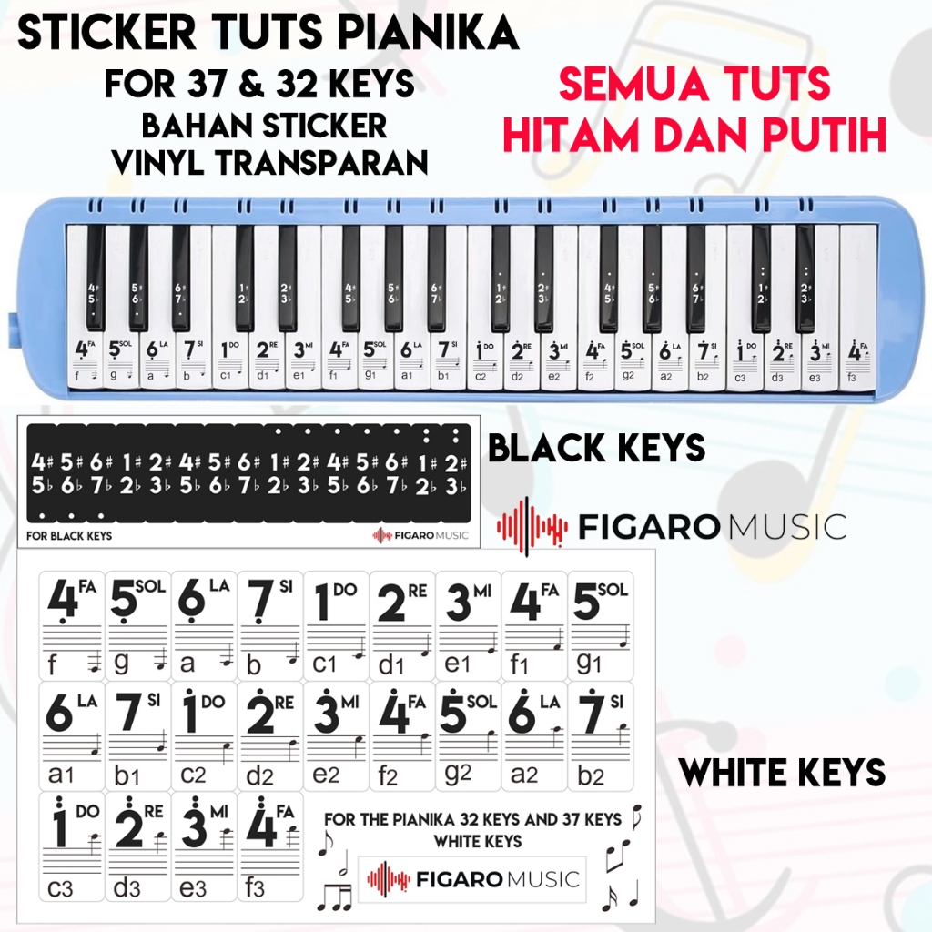 Stiker Pianika 37 Keys, 32 Keys - Sticker Tuts Pianika Melodica Simple Polos - DOREMI, NOT ANGKA, NO