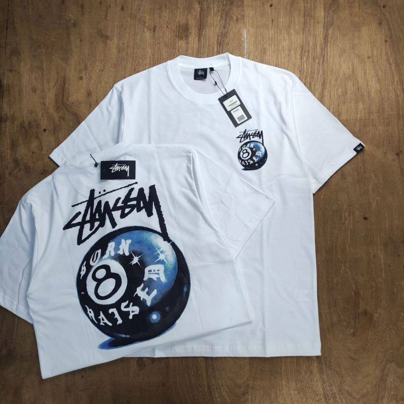 Kaos Tshirt Stussy 8 Ball Burn Raised Putih Cotton Combed 24s Mirror Fulltag