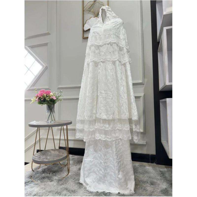 Mukena sutra ori susun renda anggur mewah