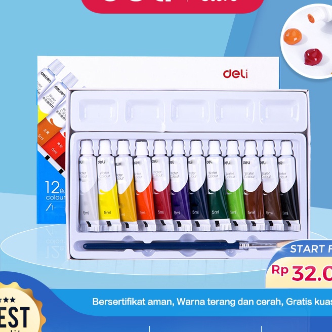 

FG2 Deli Water Color Paint Cat Air Set 5 ML Bersertifikat Aman Gratis Kuas 738XX