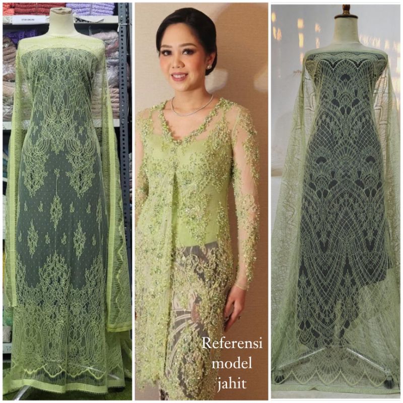 Bakal Kain Bahan Kebaya Brokat Semi Prancis Chantily Panel @Hijau Matcha