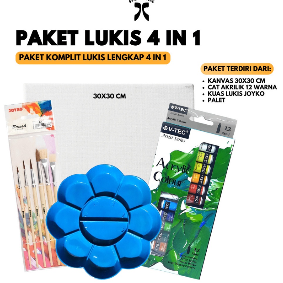 

Free Shipping Paket Melukis Sekolah Alat Lukis 4 IN 1 Kanvas 3X3 3x4 Cat Akrilik Palet Kuas Set Joyko Svmmerink