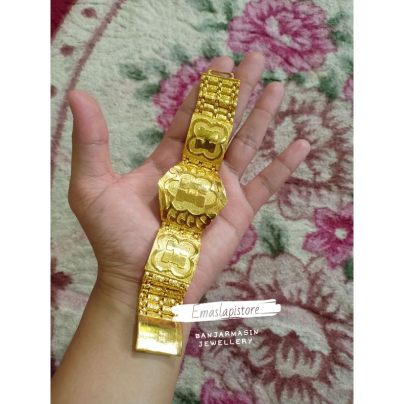 Gelang Jumbo Plat Petak -H- Prisma Ukiran Lapis Emas 999 Banjar