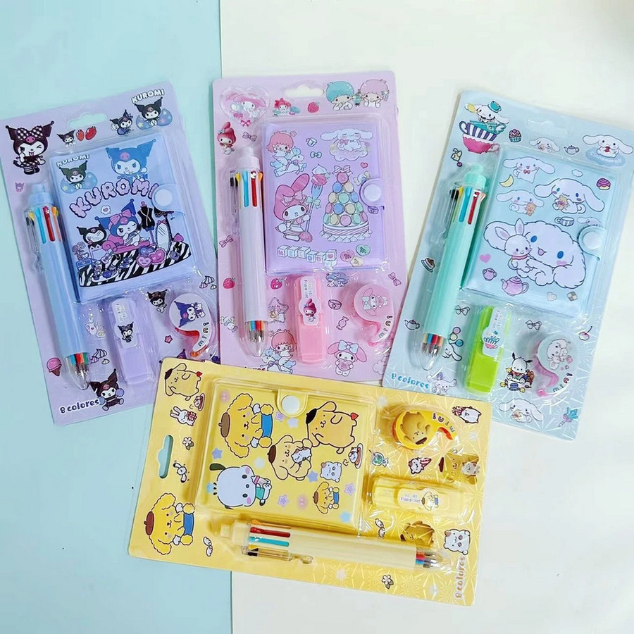 

Set Alat Tulis 4in1 / Paket Buku Stabilo Selotip Pulpen 8 warna karakter Sanrio Kuromi Cinnamoroll Pompompurin Melodi