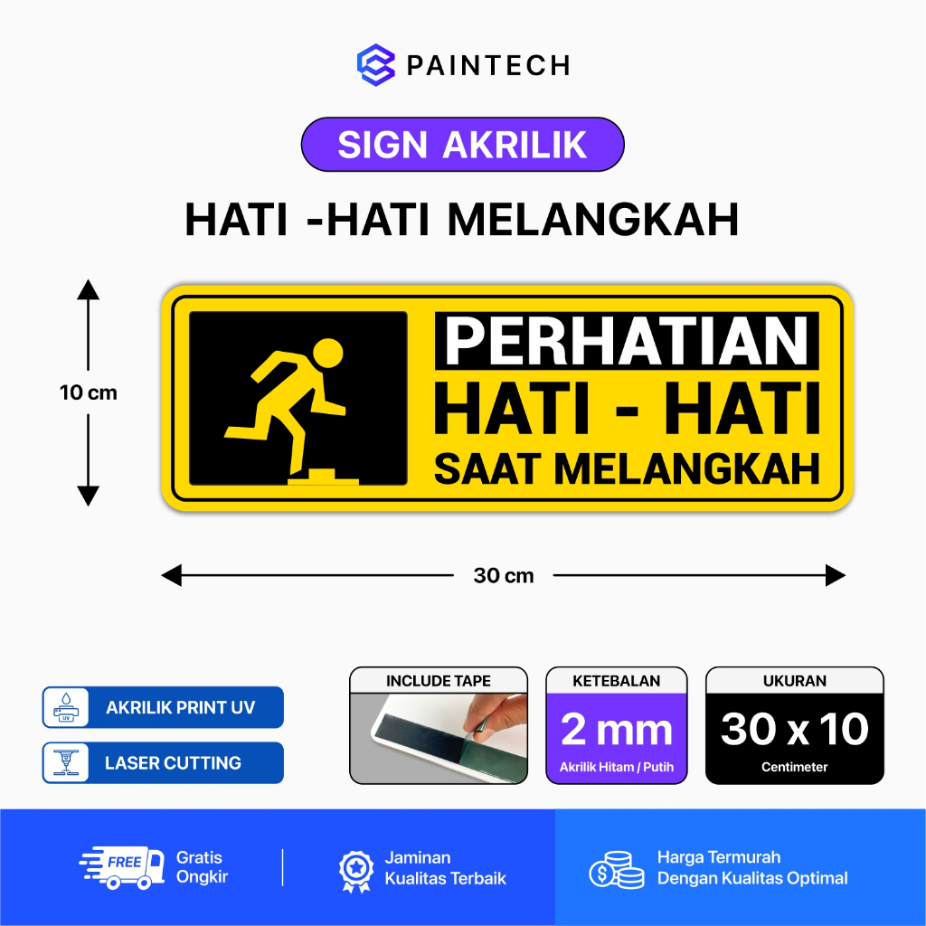 Akrilik Sign Board Hati Hati Melangkah Ukuran 30 X 10 Signage Caution Hati Hati Saat Melangkah