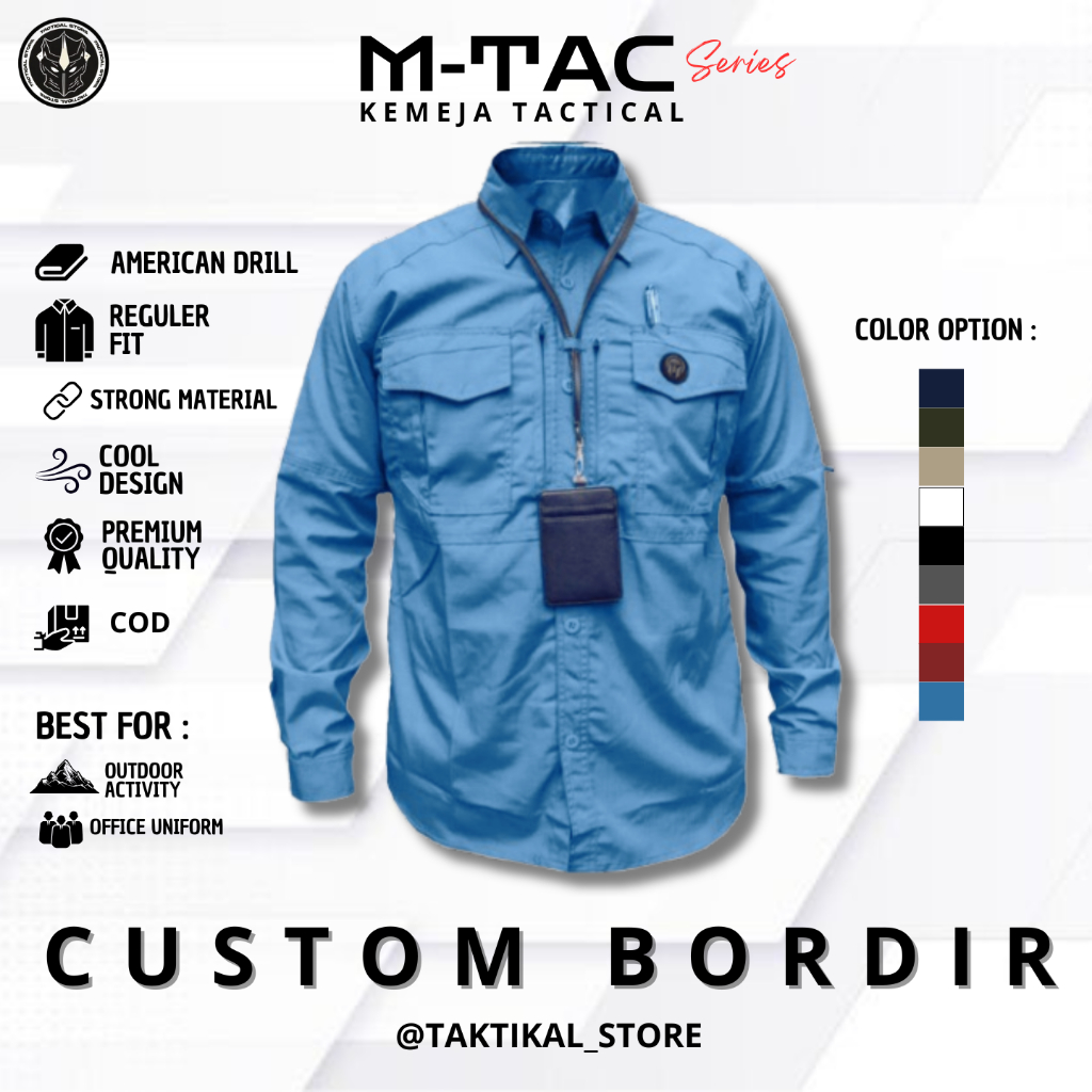 Kemeja Taktikal MTAC Lengan Panjang Biru Langit  Kerja Lapangan Terbaru Seragam Custom Bordir