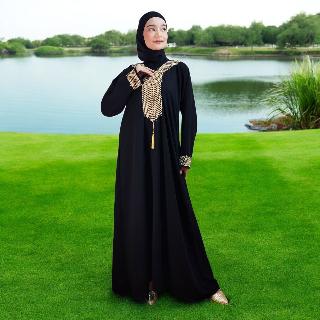 Baju Gamis Abaya Turkey Hitam Wanita Bordir Mewah Elegan Terbaru 2024 Humaira