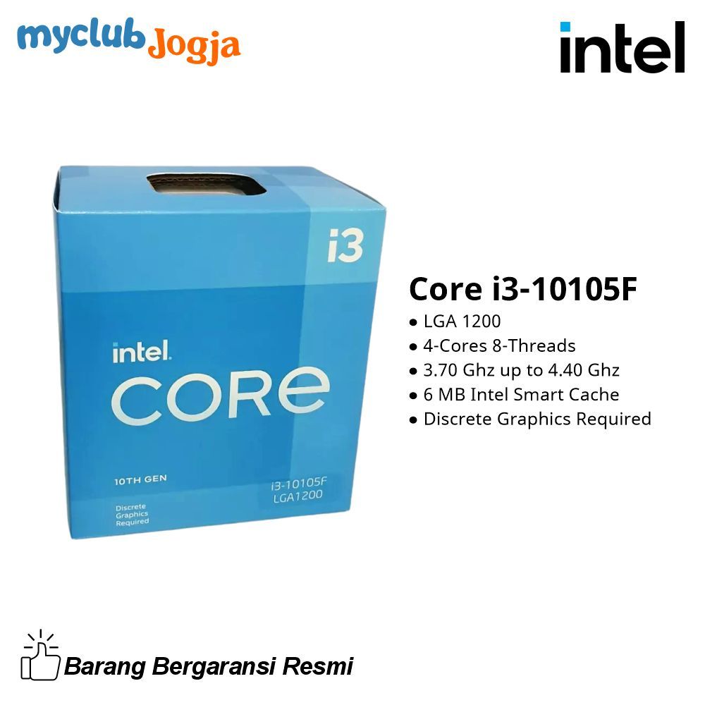 Processor Intel Core i3 10105F BOX Gen10 4-Cores 8-Threads 3.7Ghz up to 4.4Ghz soket LGA 1200