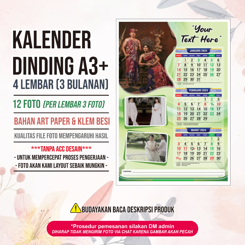 

Kalender Dinding Custom Foto A3+ 3 BULAN 4 LEMBAR CTS ART PAPER JILID KLEM