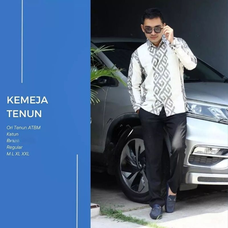 Kemeja tenun pria etnik lengan panjang motif toraja kalimantan asmat warna putih