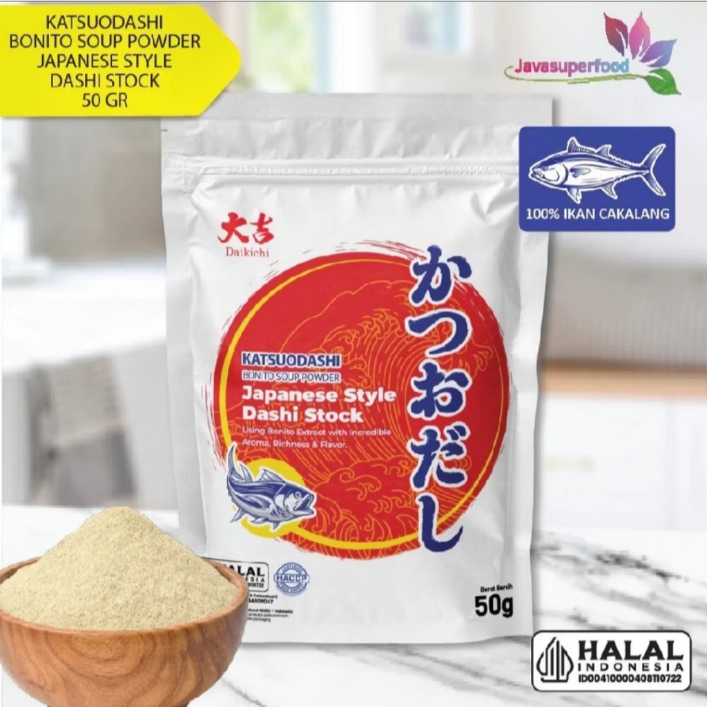 

Bubuk Ikan Bonito Kering - Daikichi Katsuodashi Bonito Soup Powder - Bubuk Katsuobushi Kemasan PUTIH - 50g - Halal