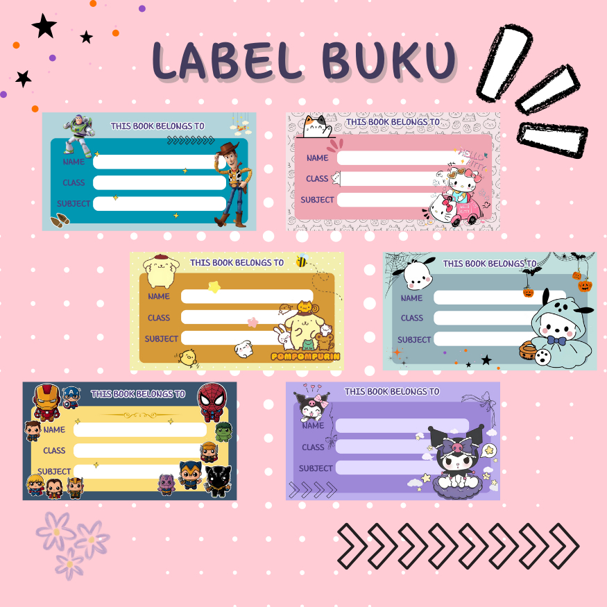 Sanrio Aesthetic Book Label Sticker Sticker label nama Anak Buku Sekolah, Stiker nama buku tempelan 