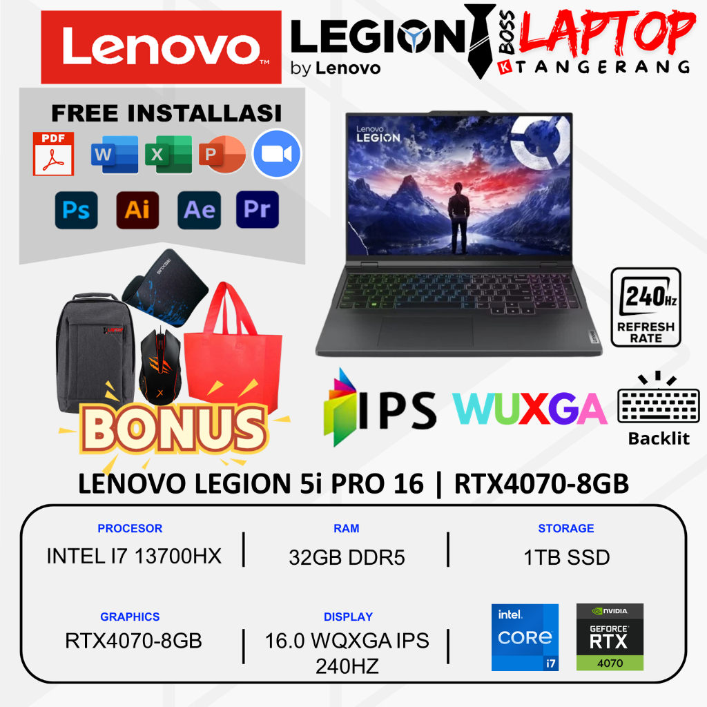 LAPTOP GAMING LENOVO LEGION 5i PRO 16 i7 13700HX RTX 4070 WQXGA 240HZ 4 ZONA RGB WIN11