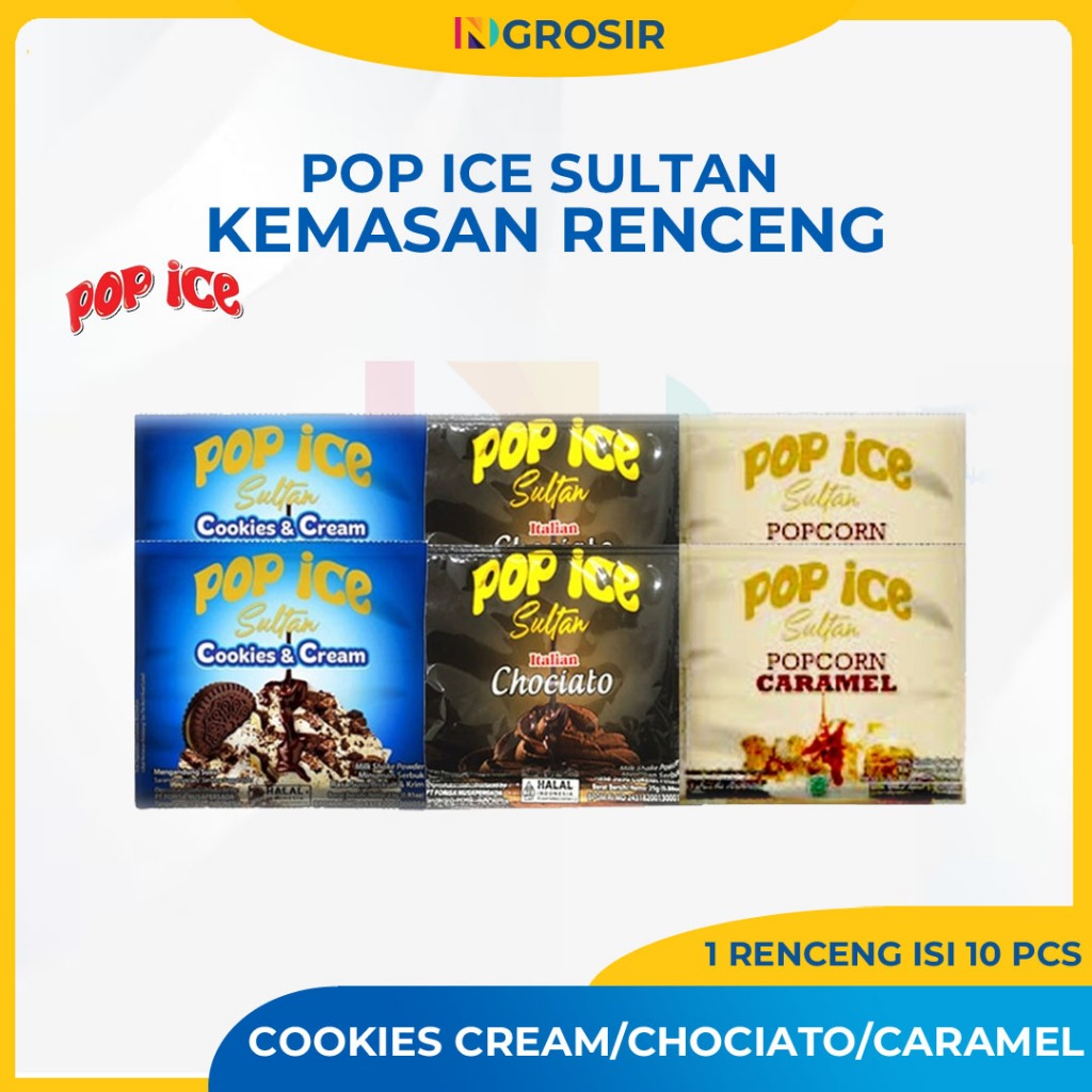 

POP ICE SULTAN RENCENG/RENTENG ISI 10 SACHET POPCORN CARAMEL/CHOCIATO/COOKIES DAN CREAM/MARIE BISCUIT